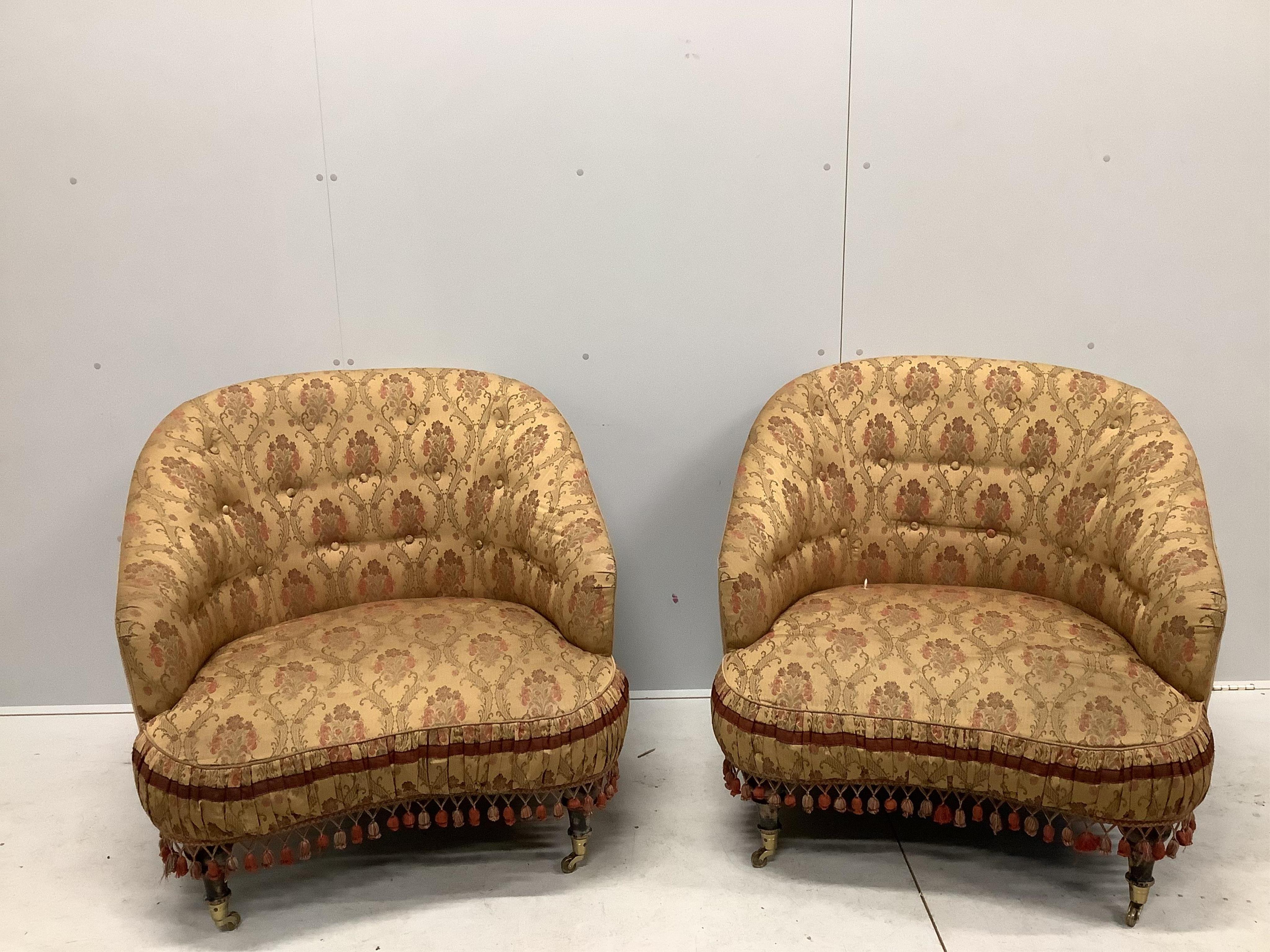 A pair of Provosi upholstered 'Tuffet' armchairs, width 94cm, depth 82cm, height 86cm. Condition - fair to good